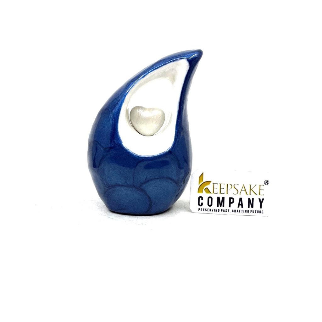 Roman Blue teardrop mini Cremation Urn with White Heart for Human Ashes - Small Urn For Ashes - Funeral Urn - Ash Urn from Keepsake Company