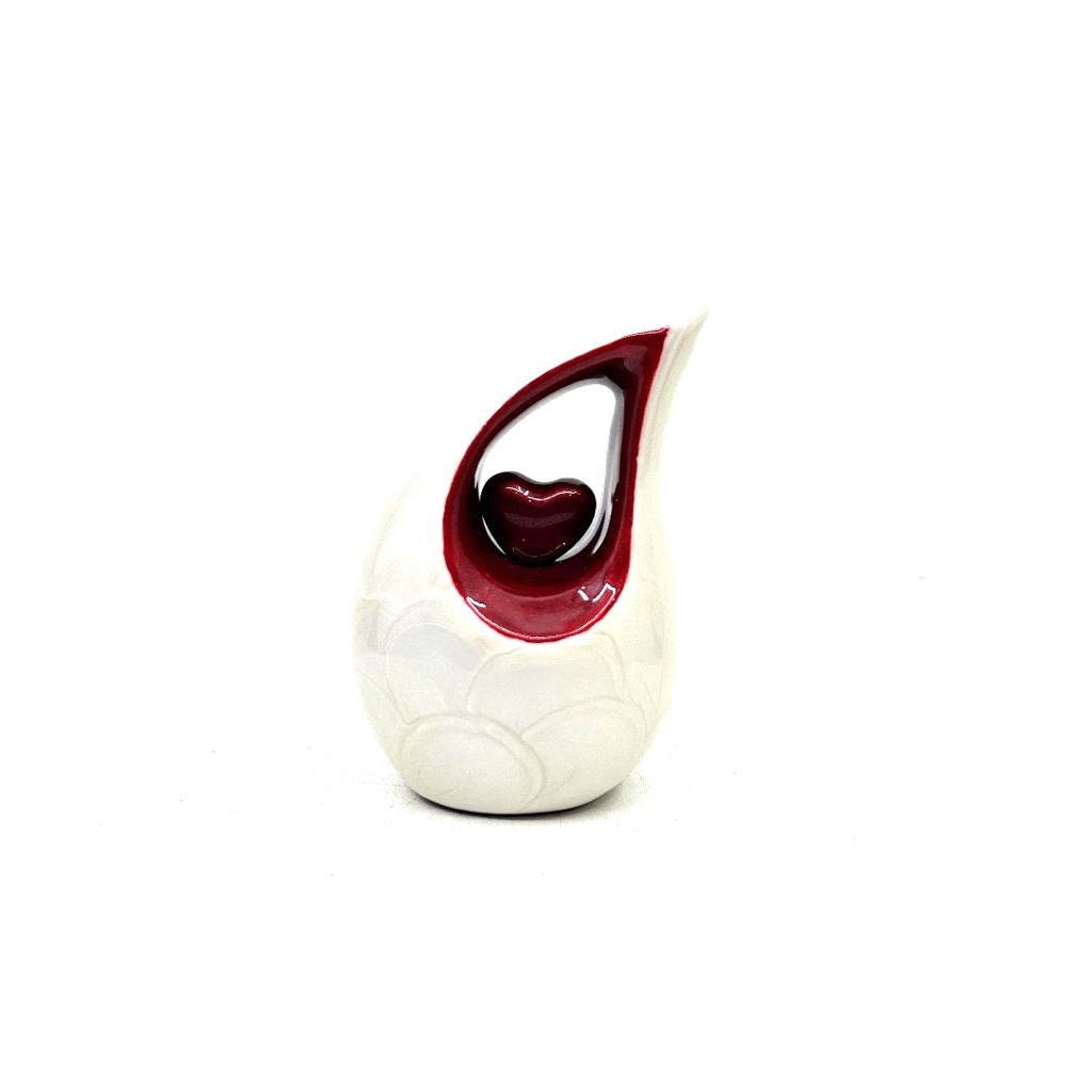 White teardrop mini Cremation Urn with Red Heart for Human Ashes - Small Urn For Ashes - Funeral Urn - Ash Urn from Keepsake Company