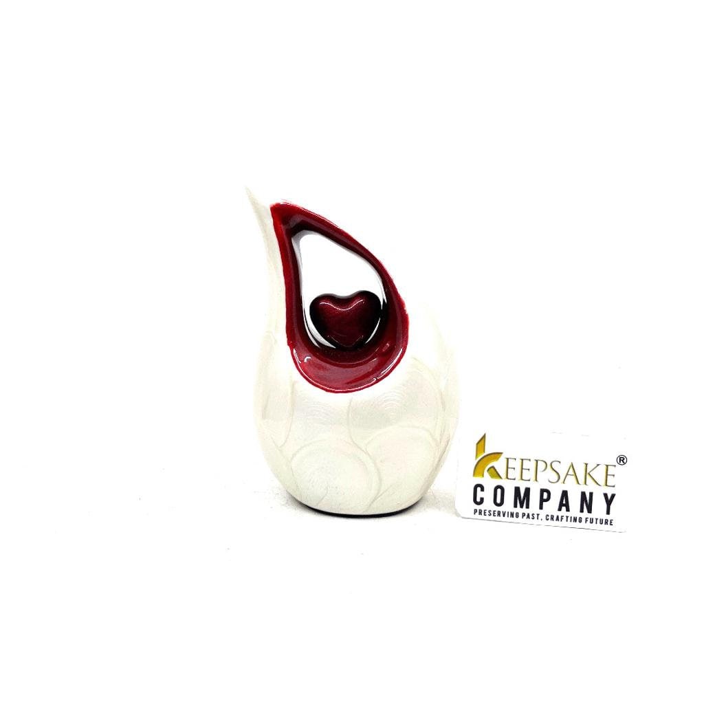 White teardrop mini Cremation Urn with Red Heart for Human Ashes - Small Urn For Ashes - Funeral Urn - Ash Urn from Keepsake Company
