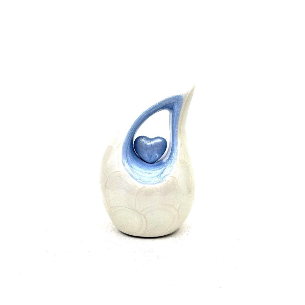 Pearl white teardrop mini Cremation Urn with Blue Heart - Small Urn For Ashes - Miniature Keepsake Urn - Funeral Urn - Memorial Urn