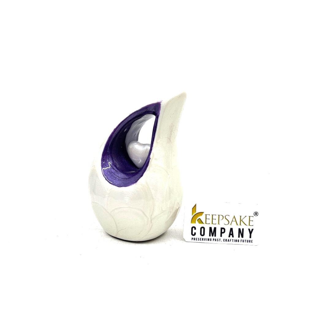 Pearl white teardrop mini Cremation Urn with White Heart - Small Urn For Ashes - Miniature Keepsake Urn - Funeral Urn - Memorial Urn