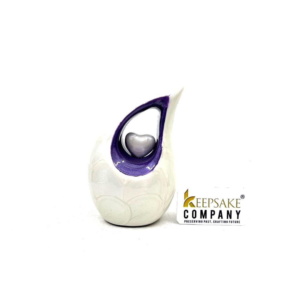 Pearl white teardrop mini Cremation Urn with White Heart - Small Urn For Ashes - Miniature Keepsake Urn - Funeral Urn - Memorial Urn