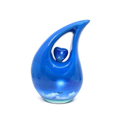 Blue Teardrop Cremation urn on a sunny bright day with  birds going home - Urn- Urns for Ashes - Memorial Urn =  Medim Urn  6 Inches Height