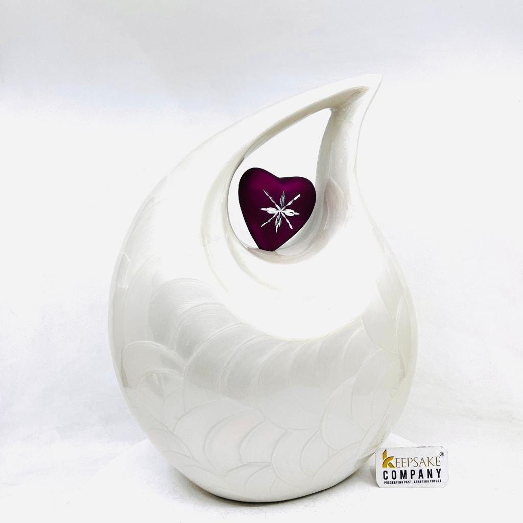 White Enamel Teardrop Adult Cremation Urn with Shimmer Pink Engraved Heart urns for human ash - Urns for Ashes - Funeral Urn - Keepsake Urn