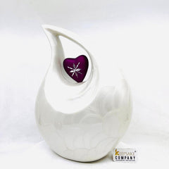 White Enamel Teardrop Adult Cremation Urn with Shimmer Pink Engraved Heart urns for human ash - Urns for Ashes - Funeral Urn - Keepsake Urn