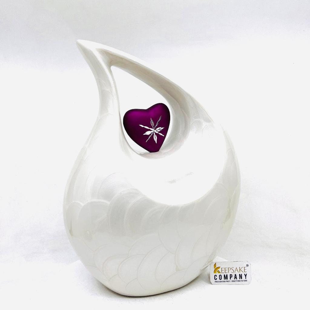 White Enamel Teardrop Adult Cremation Urn with Shimmer Pink Engraved Heart urns for human ash - Urns for Ashes - Funeral Urn - Keepsake Urn