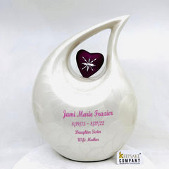 White Enamel Teardrop Adult Cremation Urn with Shimmer Pink Engraved Heart urns for human ash - Urns for Ashes - Funeral Urn - Keepsake Urn