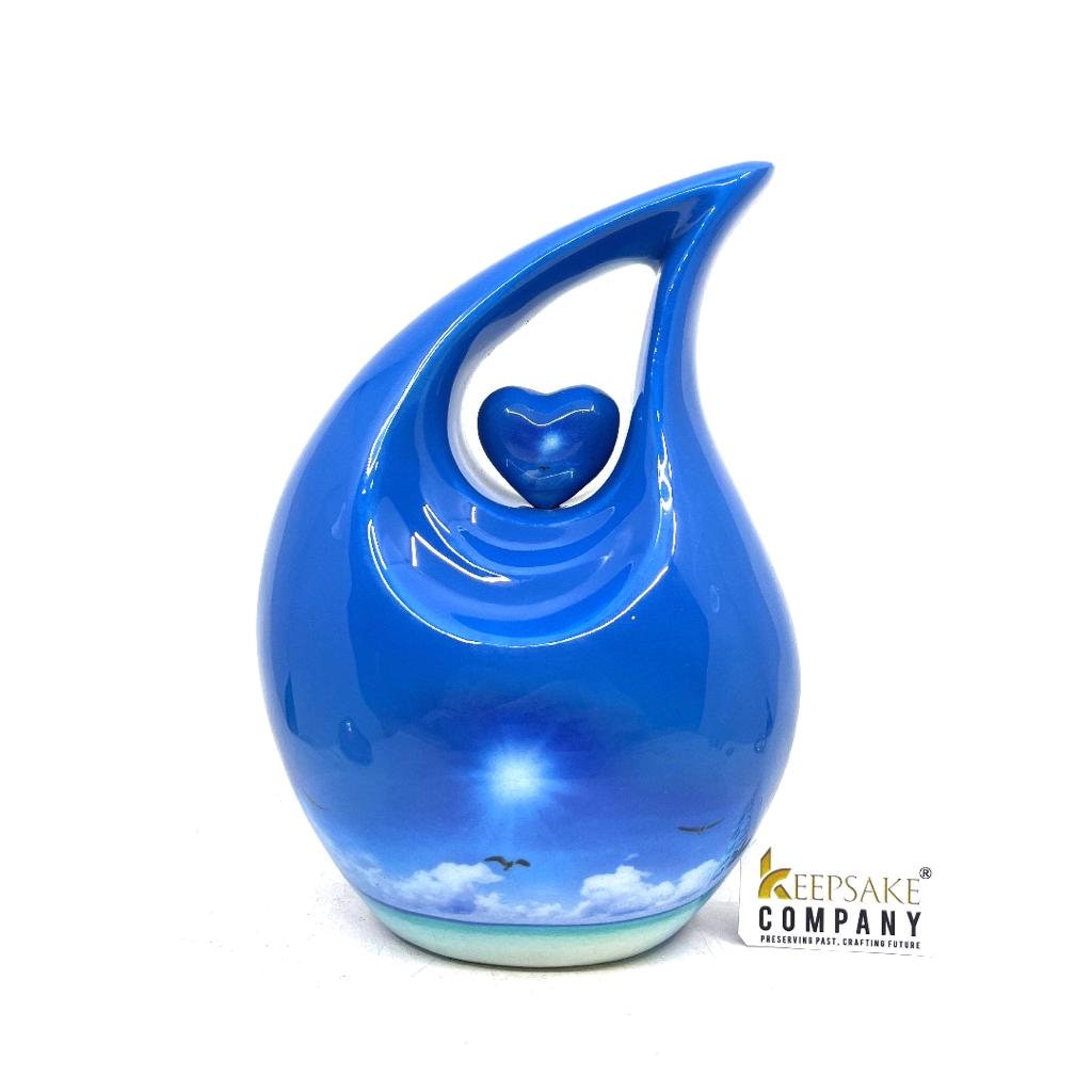 Blue Teardrop Cremation urn on a sunny bright day with  birds going home - Urn- Urns for Ashes - Medim Urn / Ash Urn  (7 Inches  Height)