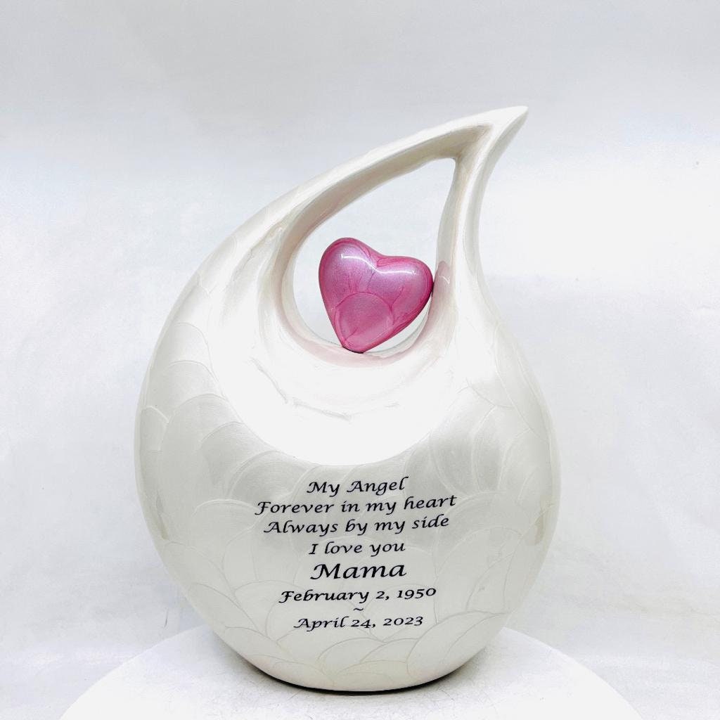 White teardrop Adult Cremation Urn with Pink Heart For Human Ashes, 10 Inches in Height, Capacity 2.5 liters, Memorial Urn, Personalized Urn