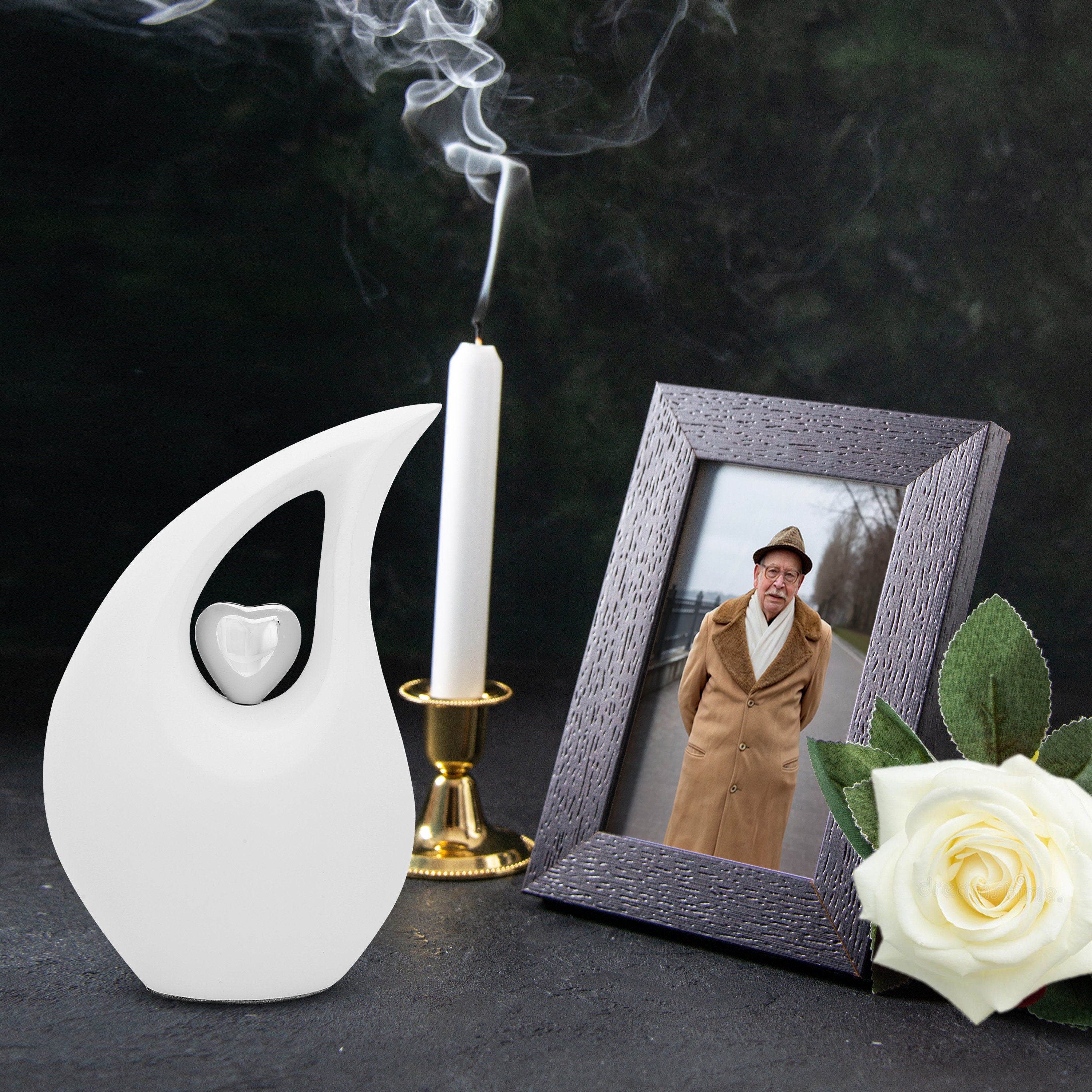 White matt Teardrop Cremation Urn  with Silver Heart in Medium size (6 Inches/ 15 centimeters) height - Urn for Human Ashes - Memorial Urn