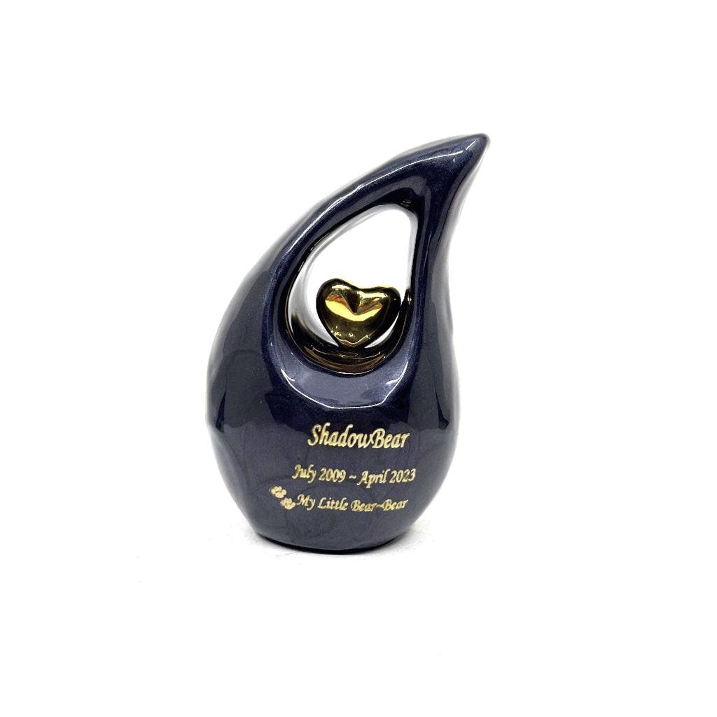 Black teardrop mini Cremation Urn with Gold Heart for Pet Urns - Dog Urn - Pet Memorial Urn - Urns for Pet Ashes - Small Urns for Ashes