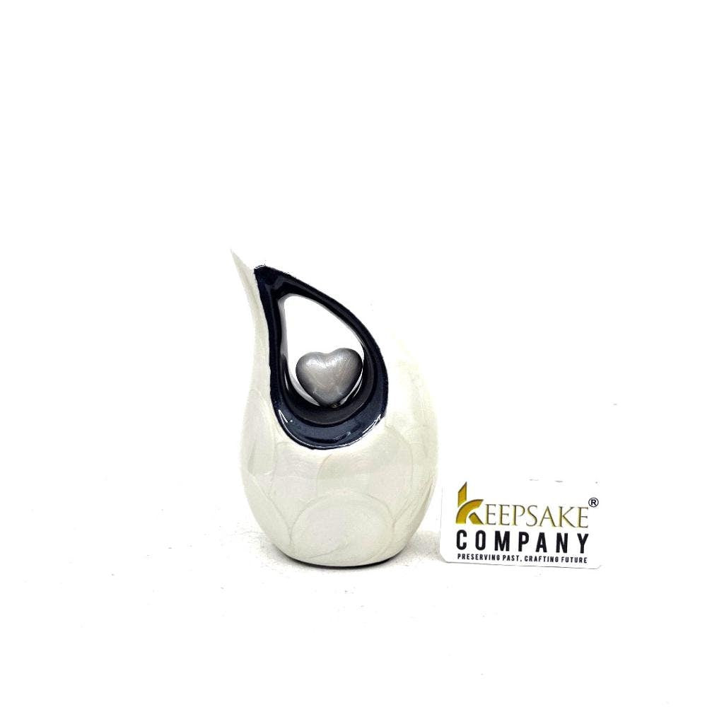 Pearl White Teardrop Mini Cremation Urn with Black Neck and White Heart  - Small Urn - Mini Urns Human Ashes - Urn for Ash from Keepsake Co.