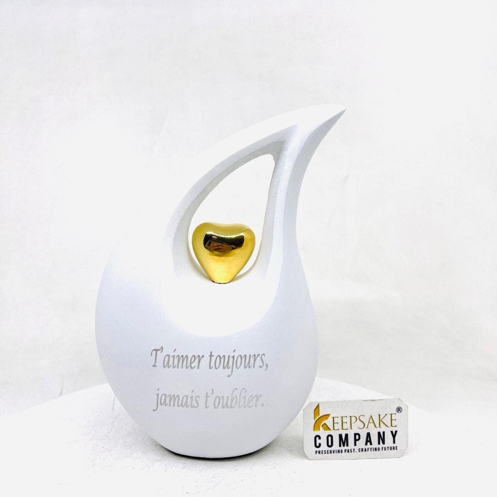 White matt  Teardrop metal Cremation Urn  with Golden Heart in Medium size (6 Inches/ 15 centimeters) height - Urn For Ashes - Ash Urn