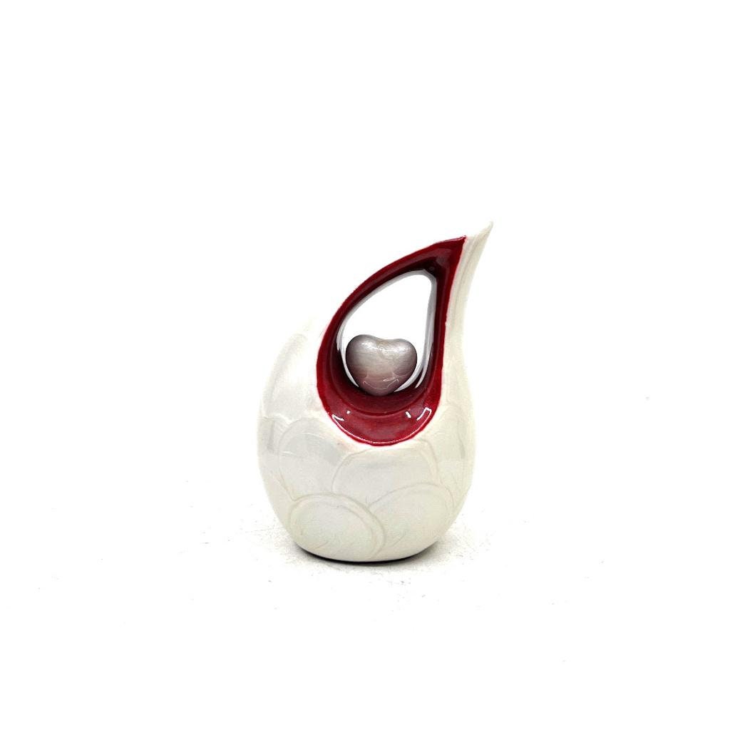 White teardrop mini Cremation Urn with Red Neck - Small Urn For Ashes - Funeral Urn - Ash Urn from Keepsake Company -Mini Urn - Urn for Ash