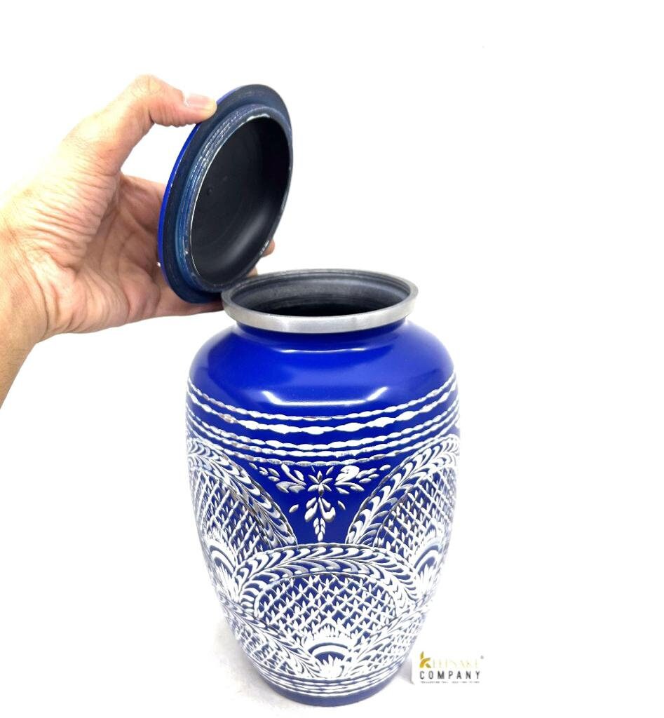 Blue Highly Engraved Adult Urn - Cremation Urns for Adult Ashes - Urns for Ashes Adult Male - Urn - Urns for Human Ashes - Decorative Urn