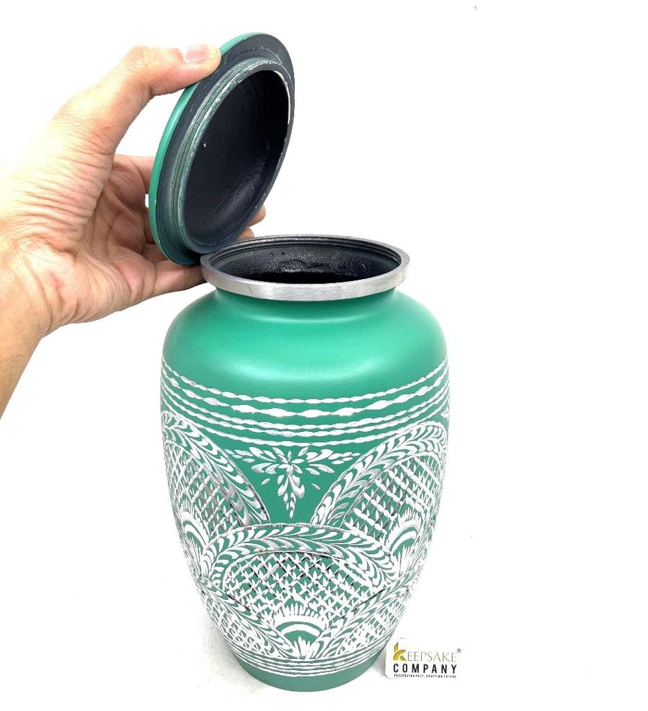 Green Highly Engraved Adult Urn - Cremation Urns for Adult Ashes - Urns for Ashes Adult Male - Urn - Urns for Human Ashes - Decorative Urn