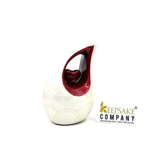 White teardrop mini Cremation Urn with Red Heart for Human Ashes - Small Urn For Ashes - Funeral Urn - Ash Urn from Keepsake Company