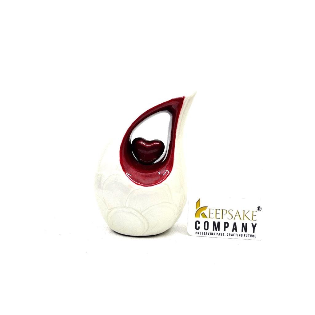White teardrop mini Cremation Urn with Red Heart for Human Ashes - Small Urn For Ashes - Funeral Urn - Ash Urn from Keepsake Company