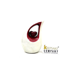 White teardrop mini Cremation Urn with Red Heart for Human Ashes - Small Urn For Ashes - Funeral Urn - Ash Urn from Keepsake Company
