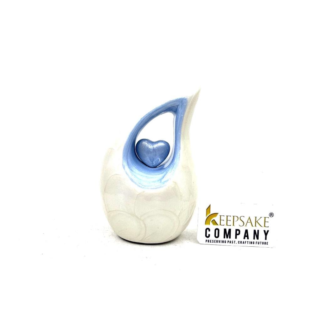 Pearl white teardrop mini Cremation Urn with Blue Heart - Small Urn For Ashes - Miniature Keepsake Urn - Funeral Urn - Memorial Urn