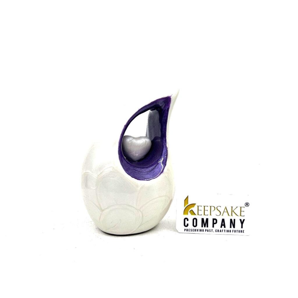 Pearl white teardrop mini Cremation Urn with White Heart - Small Urn For Ashes - Miniature Keepsake Urn - Funeral Urn - Memorial Urn