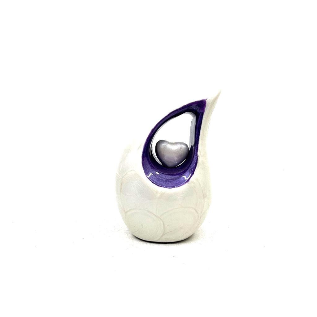 Pearl white teardrop mini Cremation Urn with White Heart - Small Urn For Ashes - Miniature Keepsake Urn - Funeral Urn - Memorial Urn