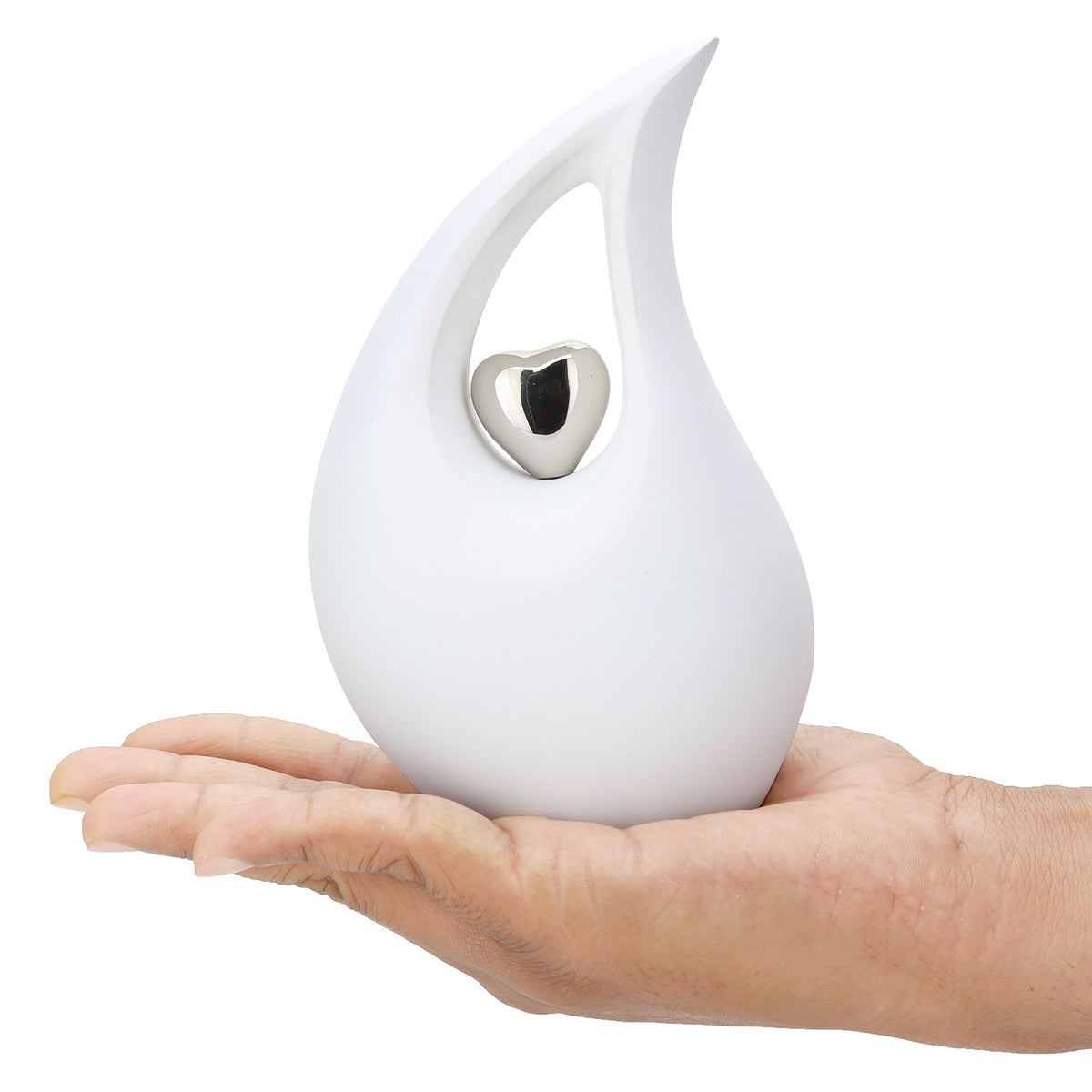 White matt Teardrop Cremation Urn  with Silver Heart in Medium size (6 Inches/ 15 centimeters) height - Urn for Human Ashes - Memorial Urn