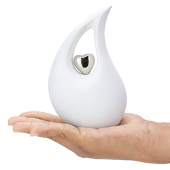 White matt Teardrop Cremation Urn  with Silver Heart in Medium size (6 Inches/ 15 centimeters) height - Urn for Human Ashes - Memorial Urn
