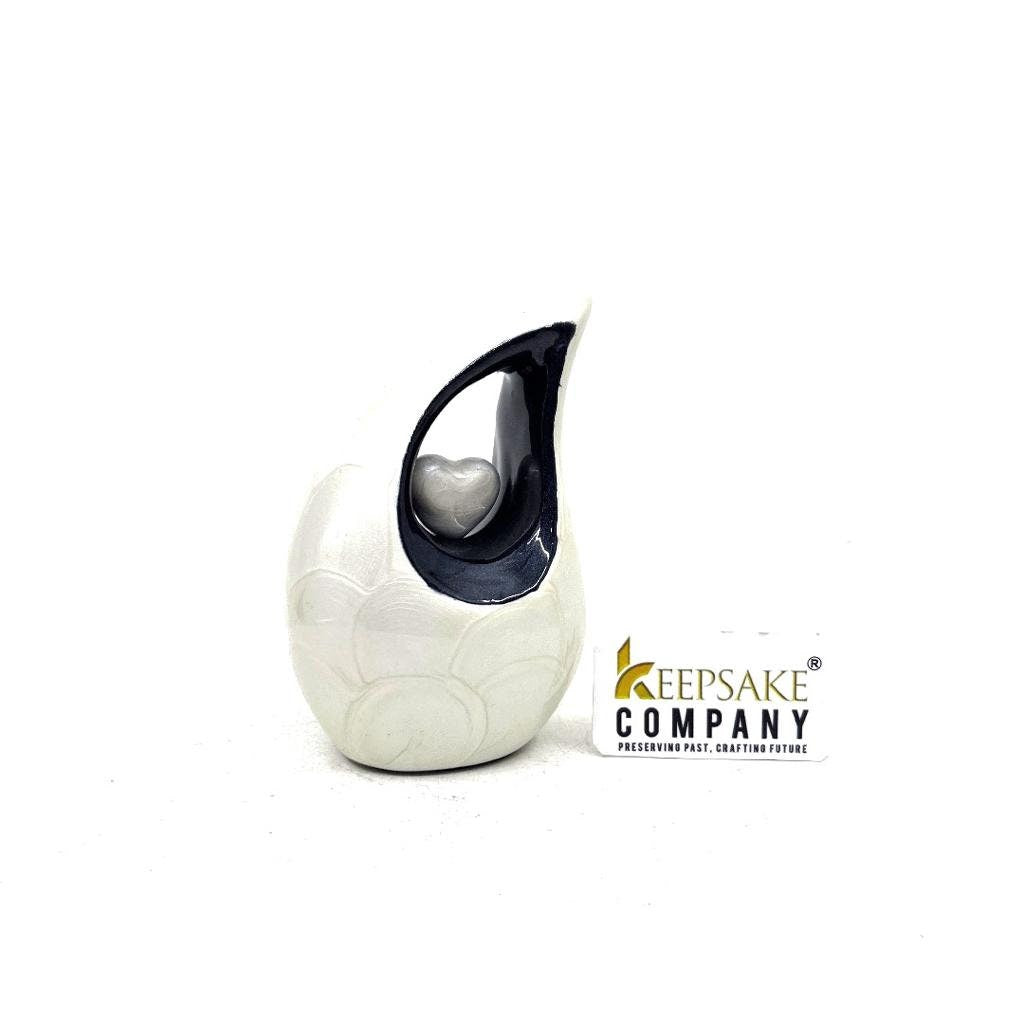 Pearl White Teardrop Mini Cremation Urn with Black Neck and White Heart  - Small Urn - Mini Urns Human Ashes - Urn for Ash from Keepsake Co.