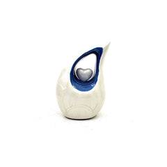 Pearl White Teardrop Mini Cremation Urn with Blue Neck and White Heart  - Small Urn - Mini Urns Human Ashes - Urn for Ash from Keepsake Co.