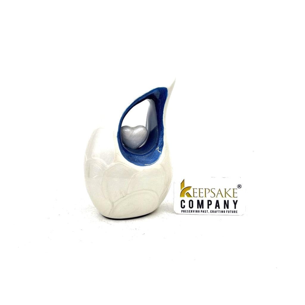 Pearl White Teardrop Mini Cremation Urn with Blue Neck and White Heart  - Small Urn - Mini Urns Human Ashes - Urn for Ash from Keepsake Co.