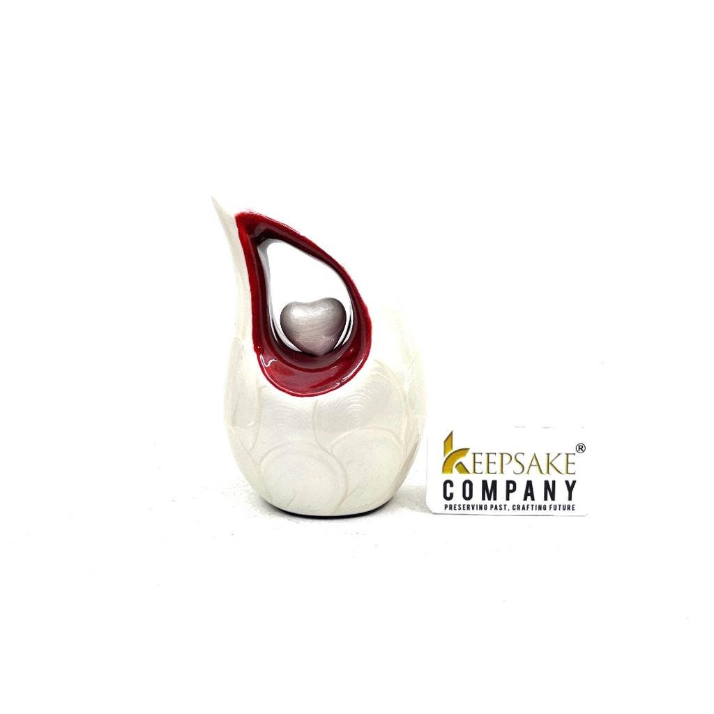 White teardrop mini Cremation Urn with Red Neck - Small Urn For Ashes - Funeral Urn - Ash Urn from Keepsake Company -Mini Urn - Urn for Ash