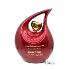 Red teardrop Cremation Urn with 24 carats Gold plated heart - Urns For Human Ashes - Urn For Ashes - Memorial Urn - Keepsake urns for Ashes