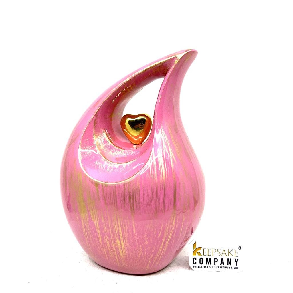 Pink Golden Teardrop Cremation urn with Golden Heart - Urn- Urns for Ashes - Medim Urn / Ash Urn - Personalized Urn   (7 Inches  Height)