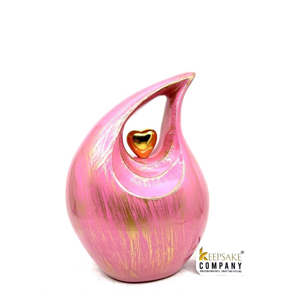 Pink Golden Teardrop Cremation urn with Golden Heart - Urn- Urns for Ashes - Medim Urn / Ash Urn - Personalized Urn   (7 Inches  Height)