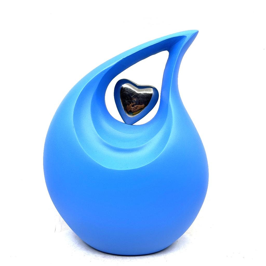 Matt Blue Teardrop Urn with Silver Heart  - Urns for Ashes - urns for human ashes female - Cremation Urns for Adult Ashes  - Urns - Urn