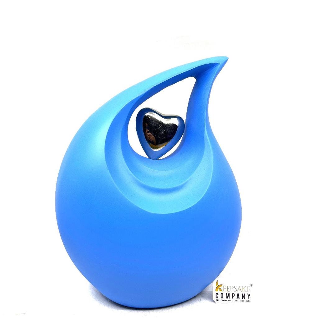 Matt Blue Teardrop Urn with Silver Heart  - Urns for Ashes - urns for human ashes female - Cremation Urns for Adult Ashes  - Urns - Urn