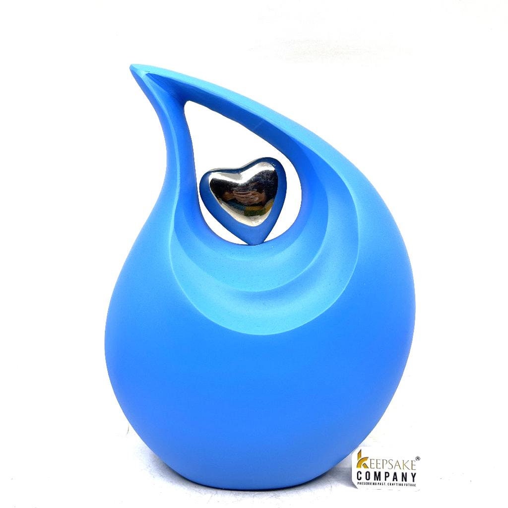 Matt Blue Teardrop Urn with Silver Heart  - Urns for Ashes - urns for human ashes female - Cremation Urns for Adult Ashes  - Urns - Urn