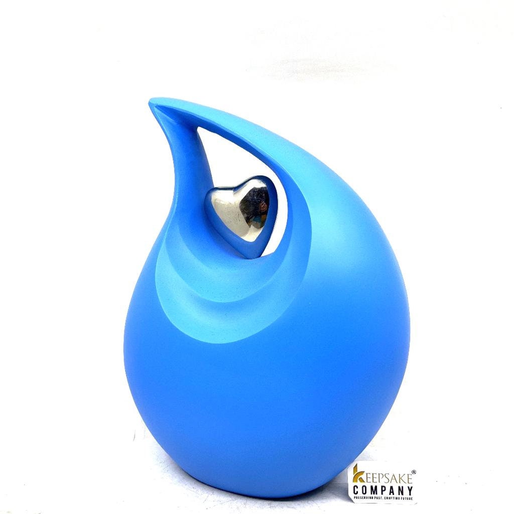 Matt Blue Teardrop Urn with Silver Heart  - Urns for Ashes - urns for human ashes female - Cremation Urns for Adult Ashes  - Urns - Urn