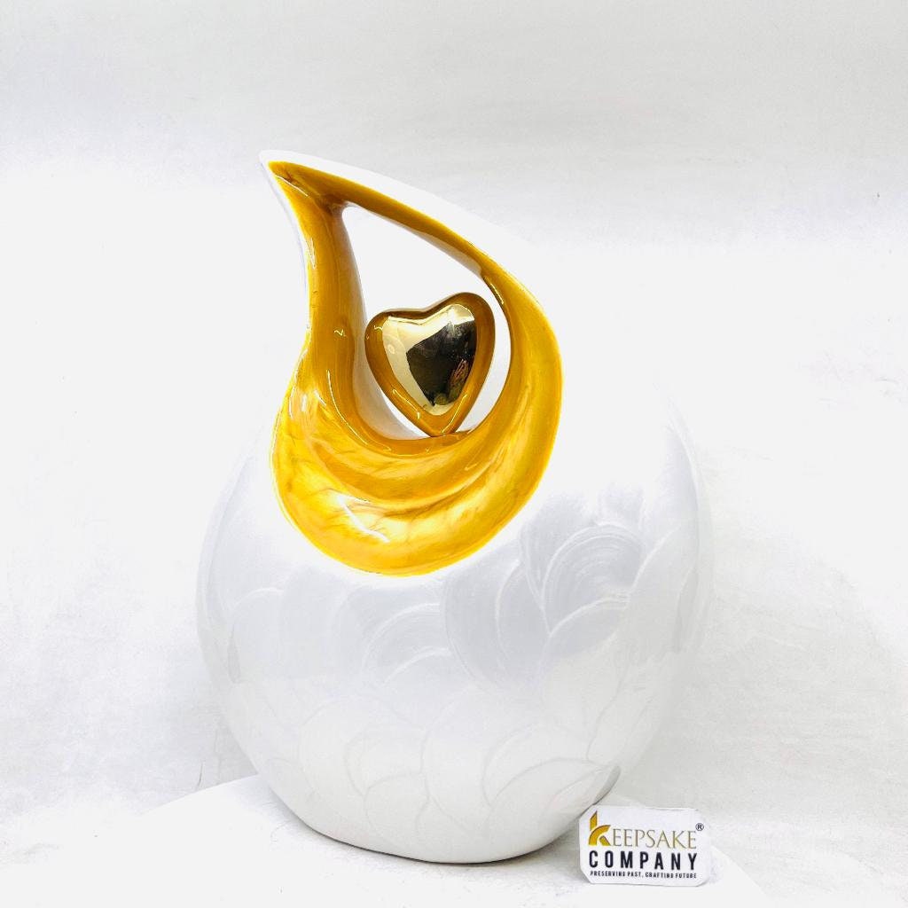 White Teardrop Adult Cremation Urn with Yellow Neck & Golden Heart urns for ashes - urns for ashes adult - urn for ashes - Keepsak Urn