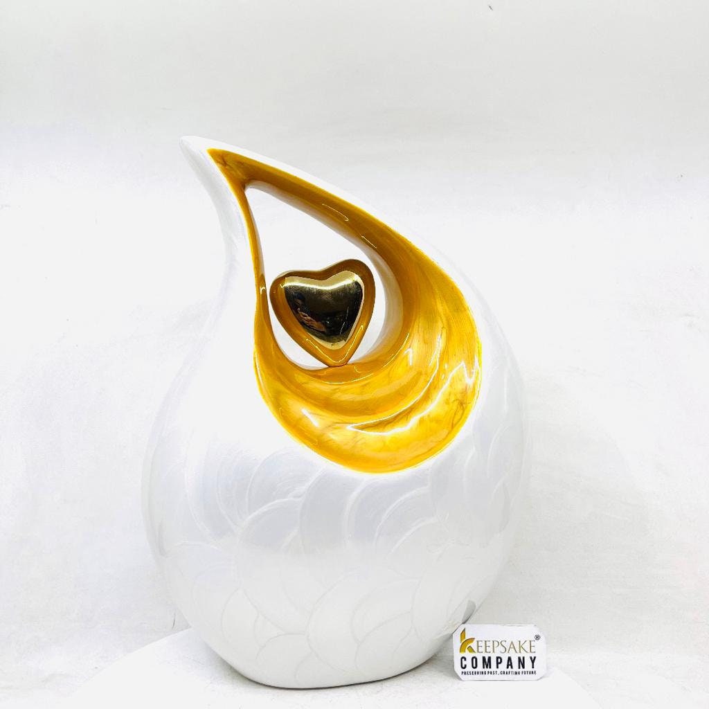 White Teardrop Adult Cremation Urn with Yellow Neck & Golden Heart urns for ashes - urns for ashes adult - urn for ashes - Keepsak Urn