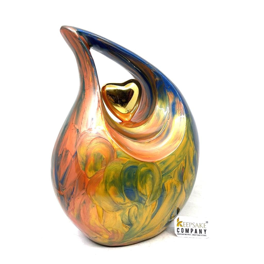 Multicolor Teardrop Adult Cremation Urn with Yellow Neck & Golden Heart urns for ashes - urns for ashes adult - urn for ashes - Keepsak Urn