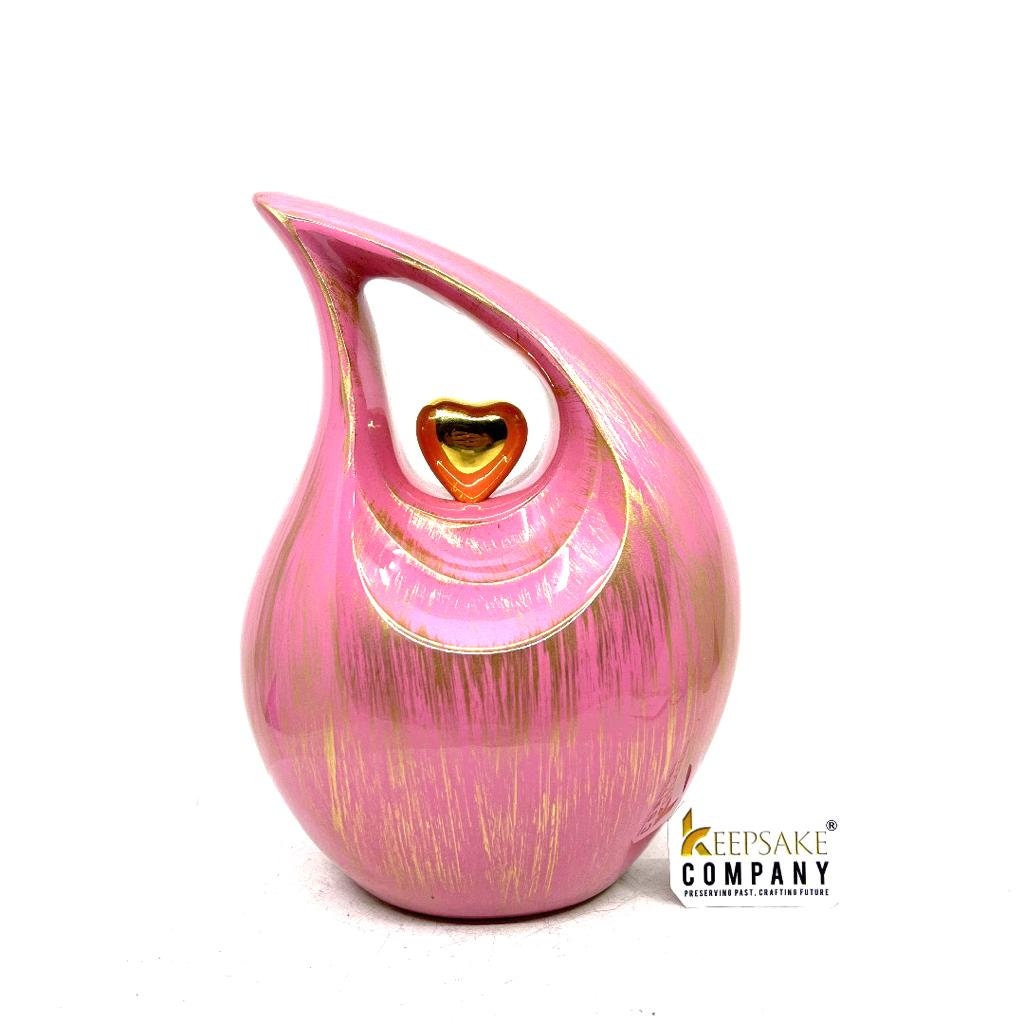 Pink Golden Teardrop Cremation urn with Golden Heart - Urn- Urns for Ashes - Medim Urn / Ash Urn - Personalized Urn   (7 Inches  Height)