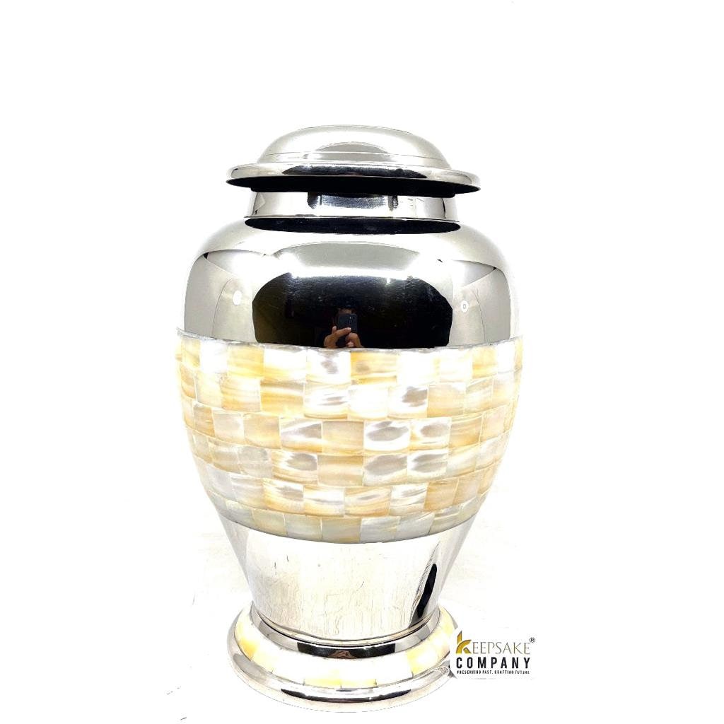 Chrome Silver Mother of Pearl Urn for Human Ashes - Urn - Cremation Urns for Adult Ashes - Urn - Urns for Ashes Adult Male - Urns for Ashes