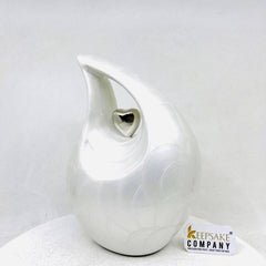 White Pearl Teardrop Cremation urn with Silver Heart - Urn- Urns for Ashes - Medim Urn / Ash Urn - Personalized Urn   (7 Inches  Height)