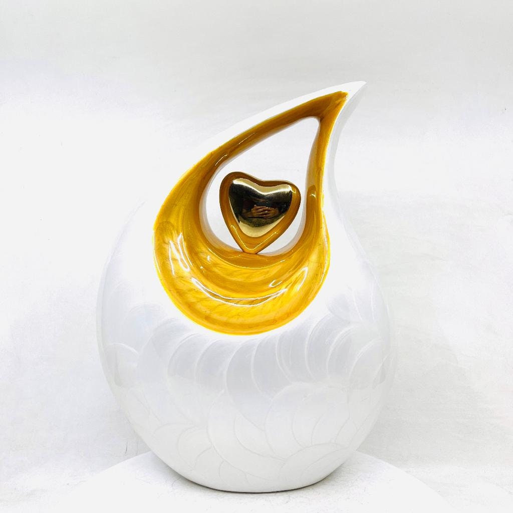 White Teardrop Adult Cremation Urn with Yellow Neck & Golden Heart urns for ashes - urns for ashes adult - urn for ashes - Keepsak Urn