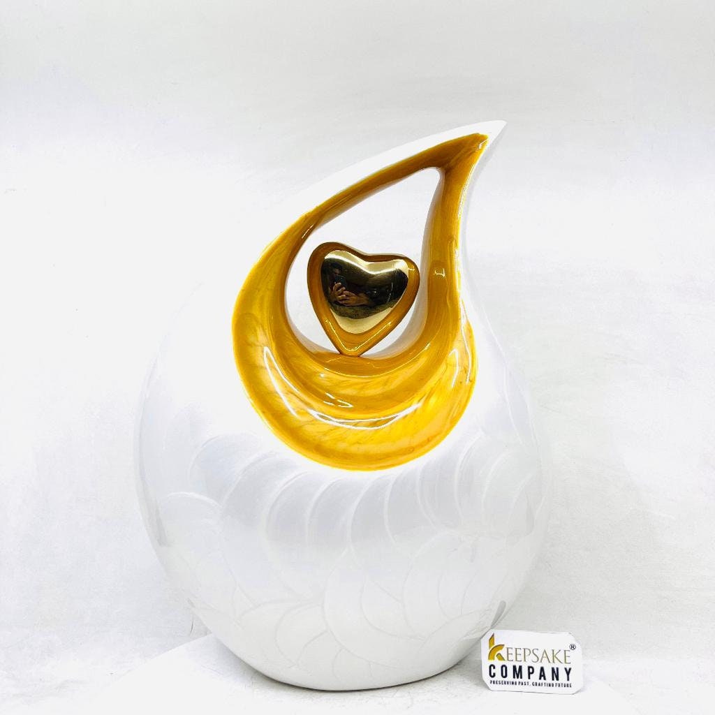 White Teardrop Adult Cremation Urn with Yellow Neck & Golden Heart urns for ashes - urns for ashes adult - urn for ashes - Keepsak Urn