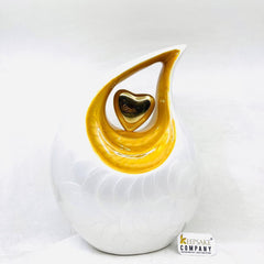 White Teardrop Adult Cremation Urn with Yellow Neck & Golden Heart urns for ashes - urns for ashes adult - urn for ashes - Keepsak Urn