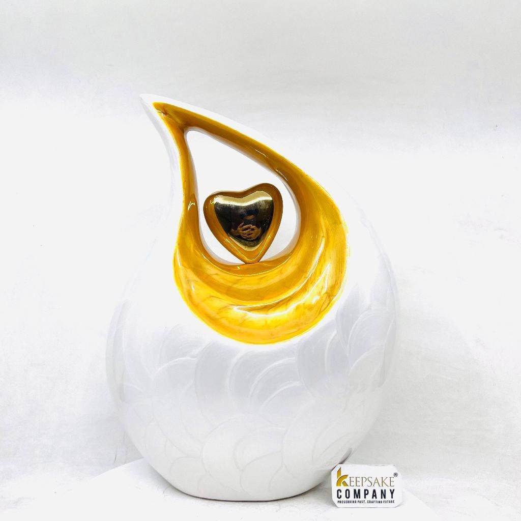 White Teardrop Adult Cremation Urn with Yellow Neck & Golden Heart urns for ashes - urns for ashes adult - urn for ashes - Keepsak Urn