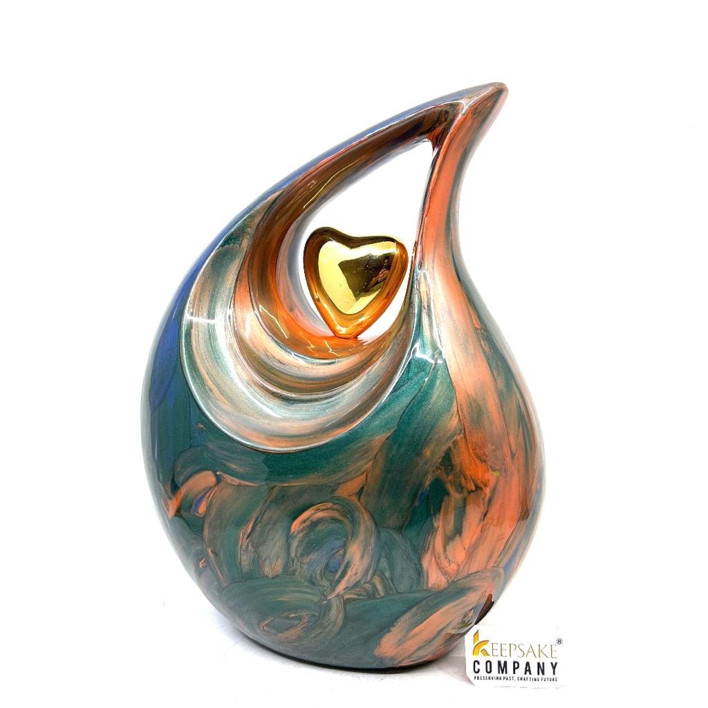 Multicolor Teardrop Adult Cremation Urn with Yellow Neck & Golden Heart urns for ashes - urns for ashes adult - urn for ashes - Keepsak Urn